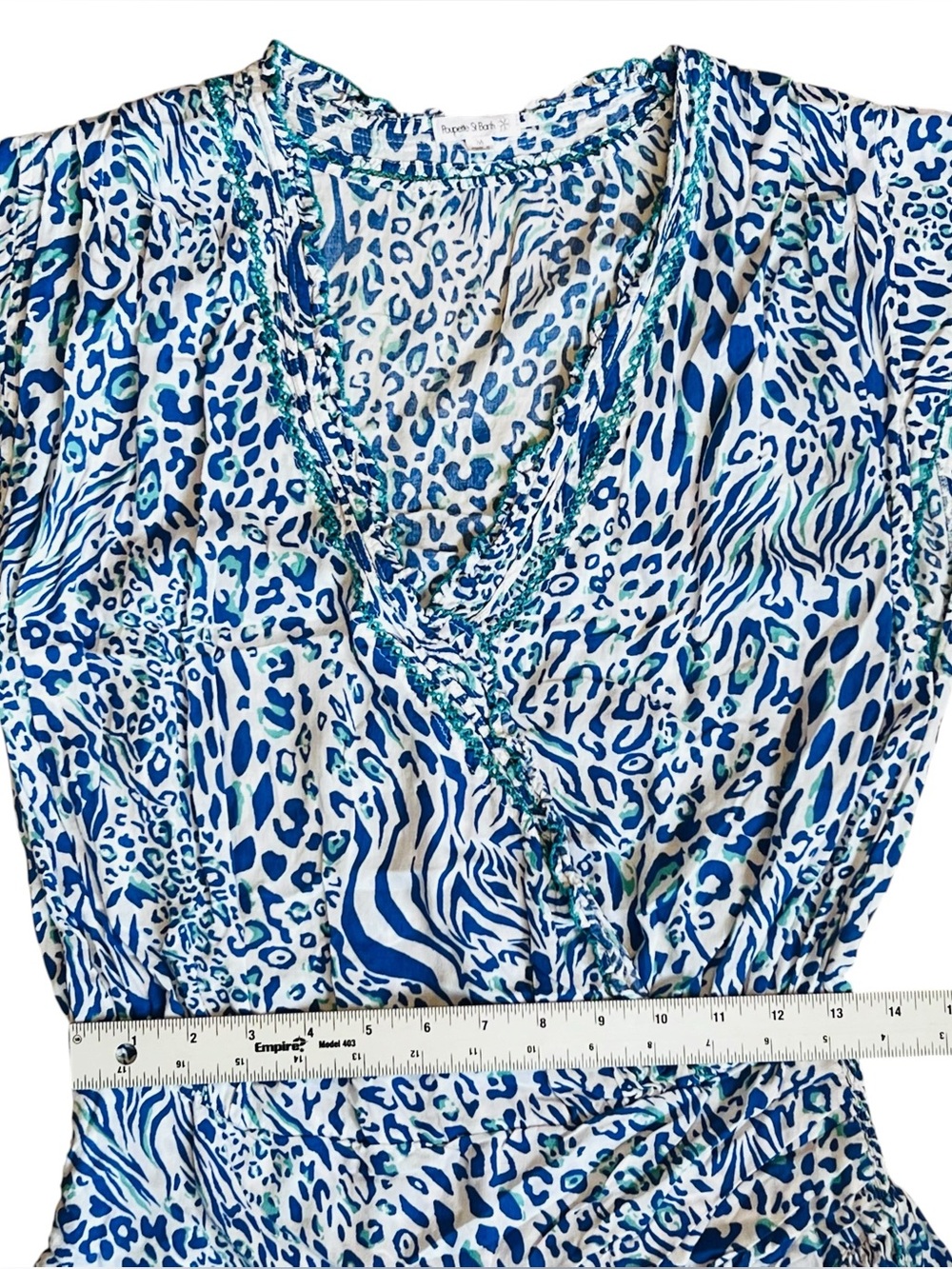 Poupette St Barth Women’s Sz M Animal Print Mini Dress Estel Blue White Ruffle - Picture 14 of 16